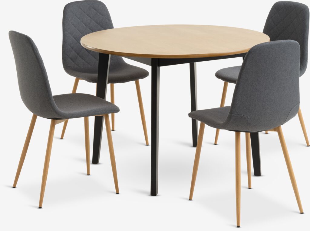 JEGIND Ø105 Tisch Eiche natur + 4 JONSTRUP Stühle asphalt