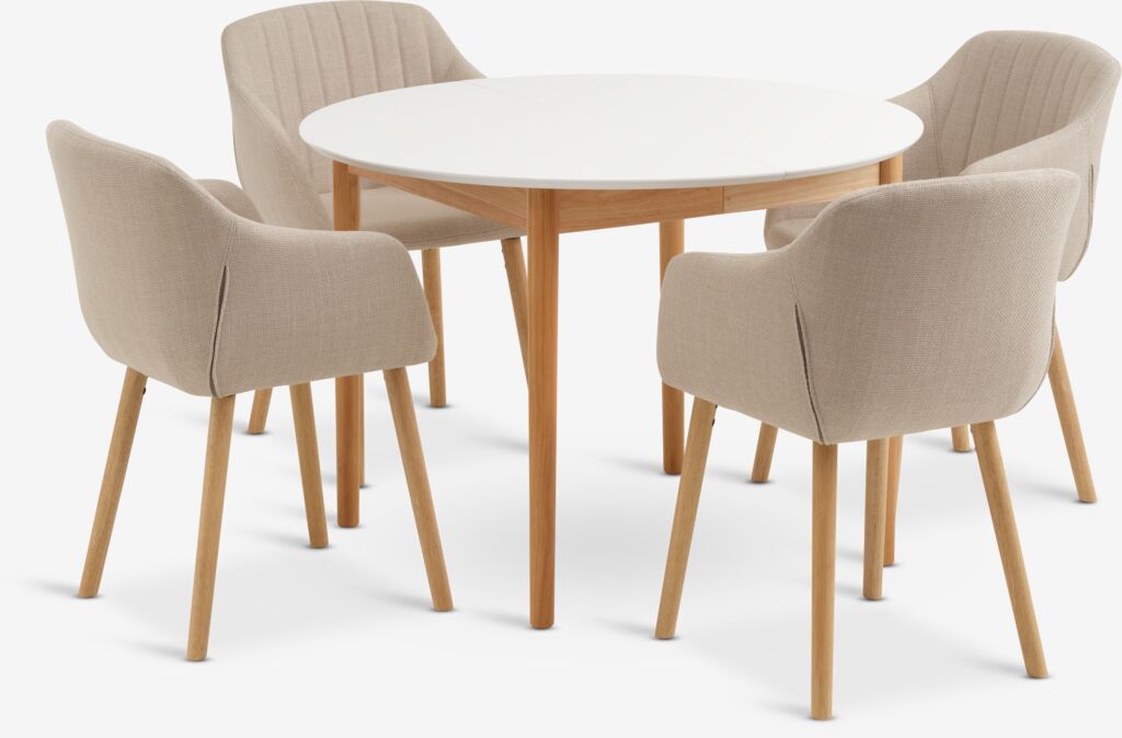 MARSTRAND Ø110 Tisch weiß + 4 ADSLEV Stühle beige