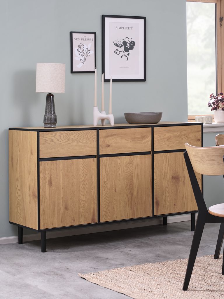 Sideboard ODENSE 3 Türen 3 Schubladen warme Eichenfarbe/schw