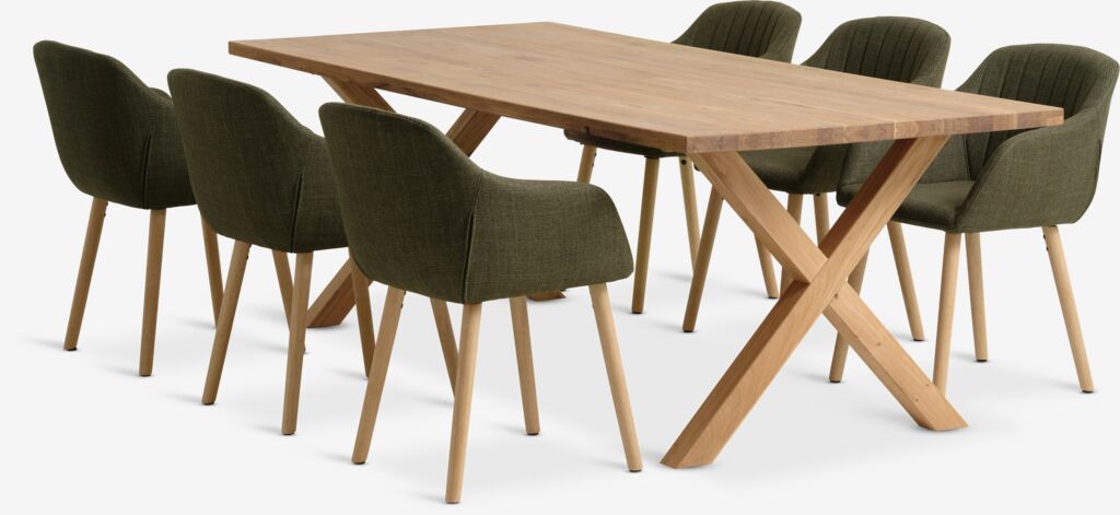 GRIBSKOV L230 Tisch Eiche natur + 4 ADSLEV Stühle olivgrün