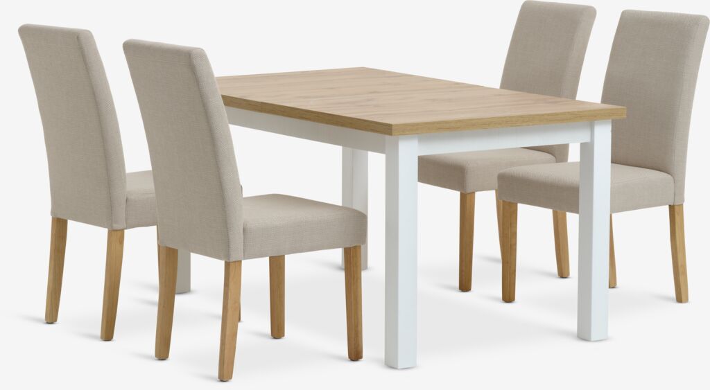 MARKSKEL L150/193 Tisch weiß/Eiche + 4 TUREBY Stühle beige