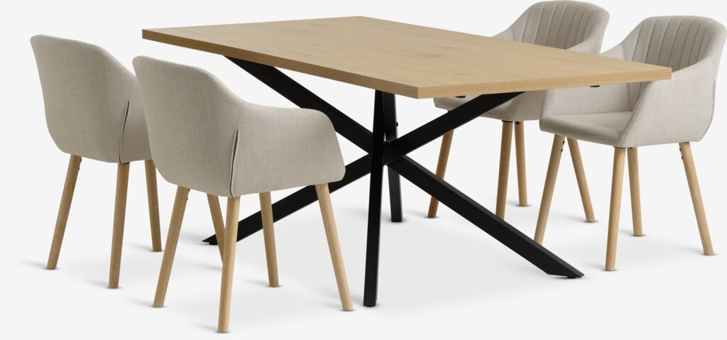 NORTOFT L200 Tisch Eiche w. + 4 ADSLEV Stühle beige Stoff