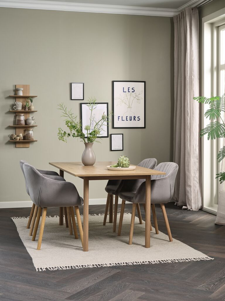 ALSTED L160 Tisch Eiche natur + 4 ADSLEV Stühle grau Samt