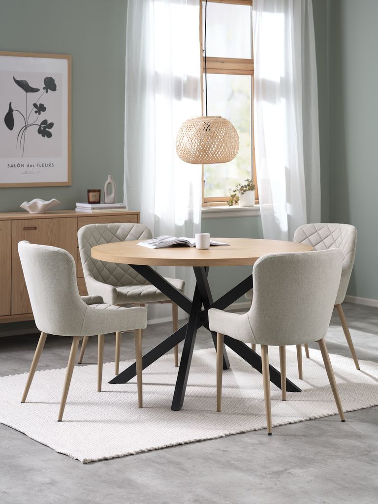 NORTOFT Ø120 Tisch Eiche w. + 4 BELLINGE Stühle sand