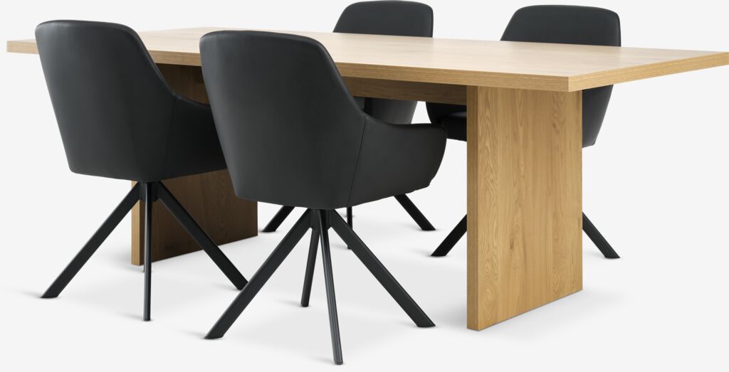 MUNKEBY L220 Tisch Eiche warm + 4 ROSTRUP Stühle schwarz