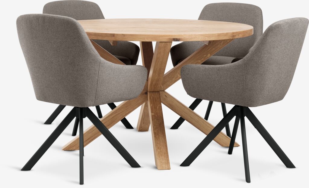 GRIBSKOV Ø120 Tisch Eiche natur + 4 ROSTRUP Stühle sand/s