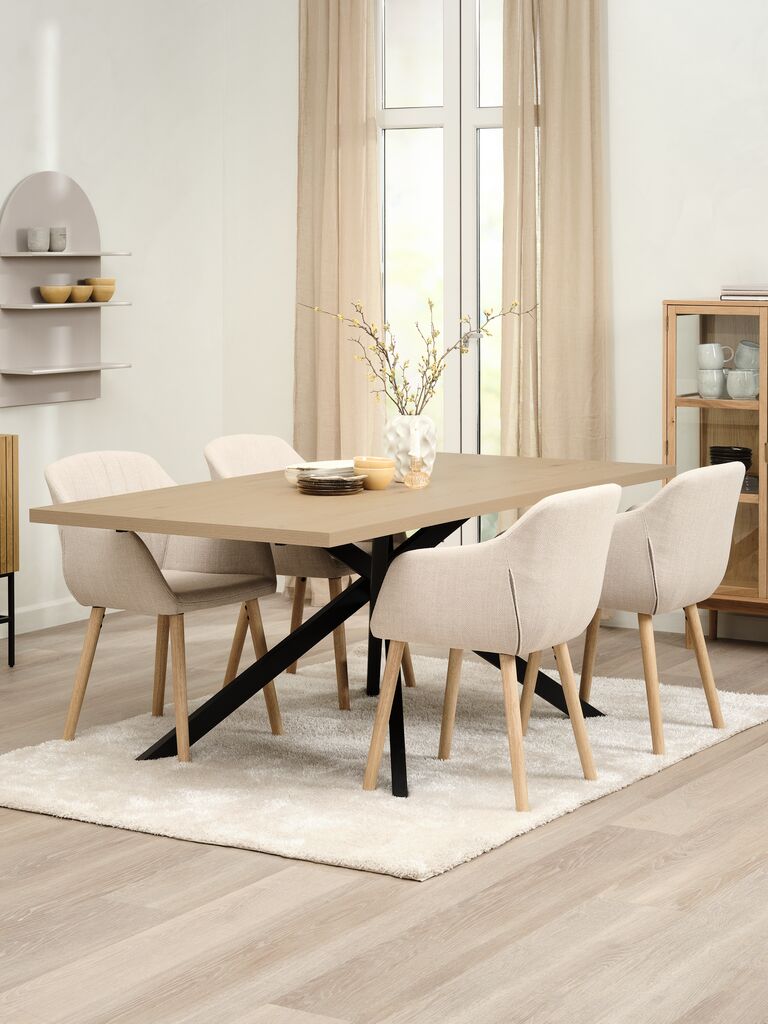 NORTOFT L200 Tisch Eiche w. + 4 ADSLEV Stühle beige Stoff