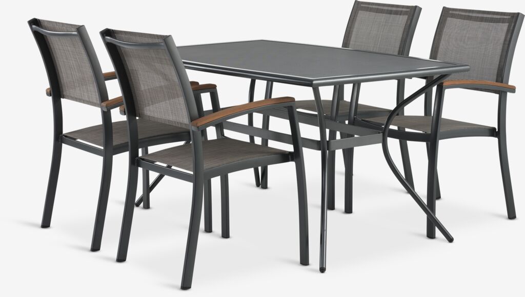 LARVIK L150 Tisch + 4 SIRDAL Stapelstühle grau
